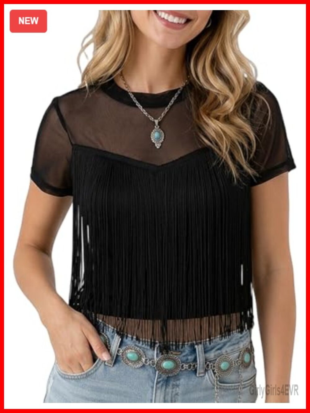 Womens Fringe Sheer Mesh Cowgirl Top Short Sleeve Western Concert Blouse